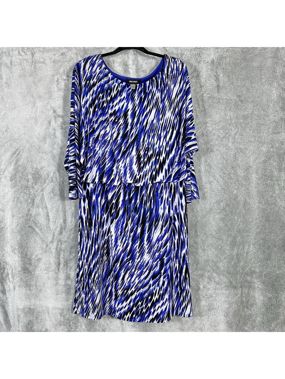 Nine West Women’s 14 Royal Blue Black Abstract Print Blouson Midi Dolman Dress